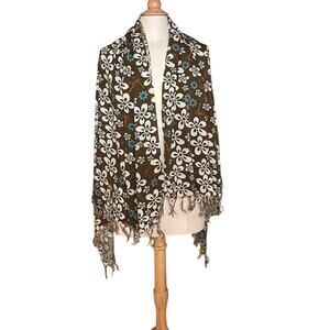 Large Blue, Brown, White Floral, Palm Tress, Wrap/Scarf/Shawl, Fringe, Boho